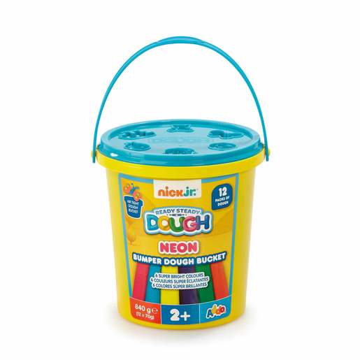 Bright yellow bucket with a blue handle, containing 12 colors of neon dough, labeled "Nick Jr. Ready Steady Dough," suitable for ages 2 and up, weighing 840 grams.