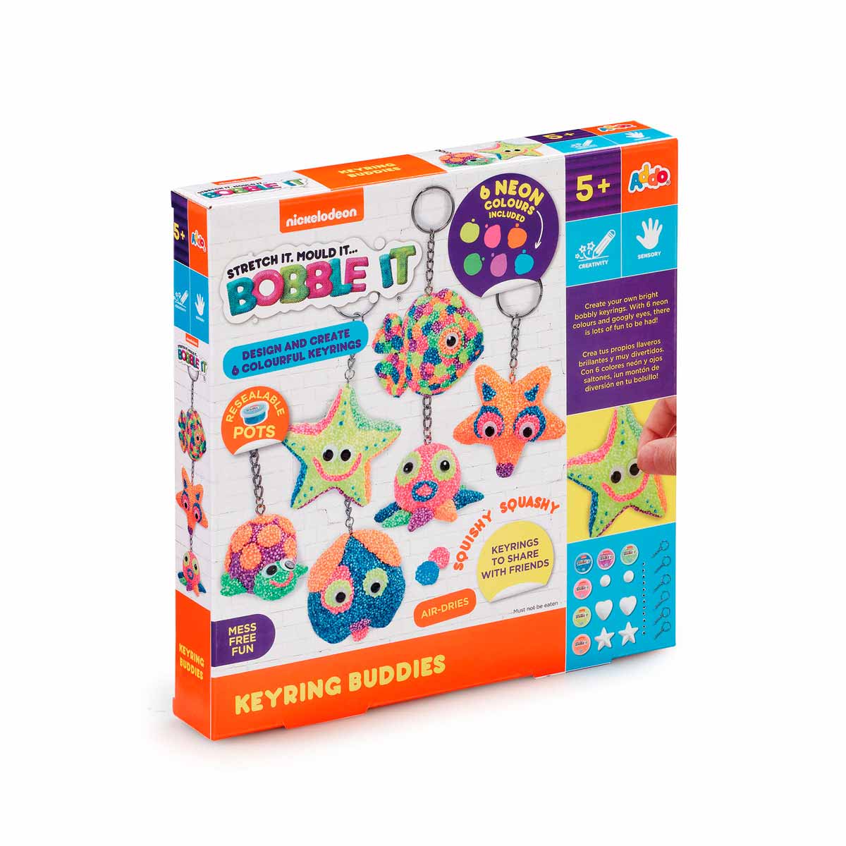 Colorful craft set featuring neon-colored keyring buddies, including star and circular shapes, made from squishy material, with pots for design and creation, suitable for ages 5 and up.