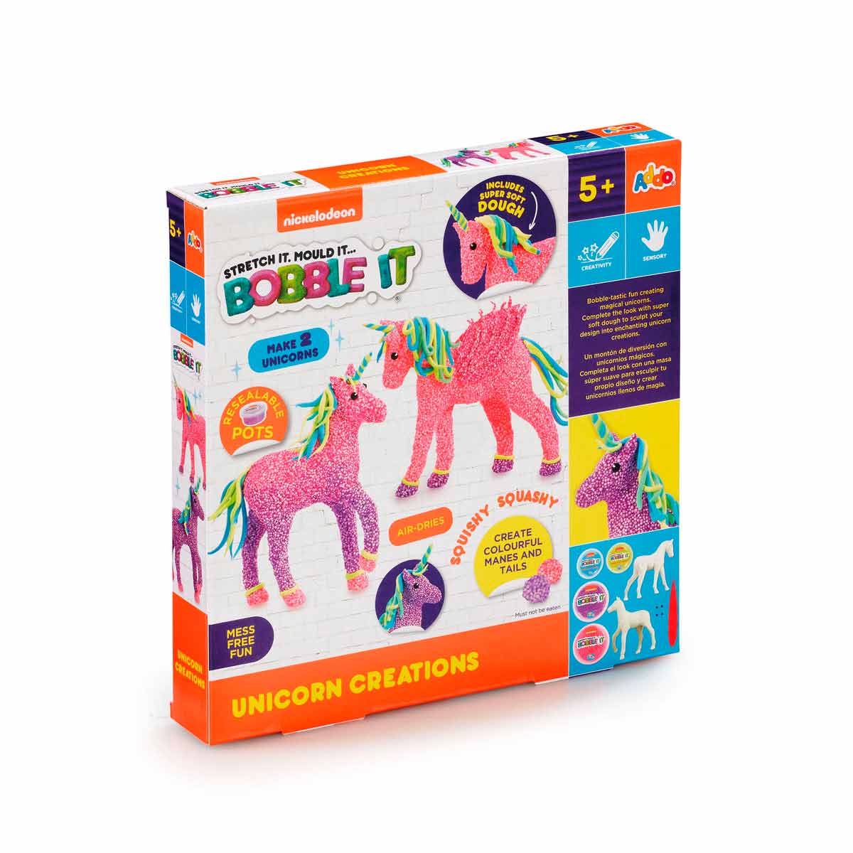 Colorful box featuring "Nickelodeon Bobble It Unicorn Creations" by Addo Toys, showcasing vibrant unicorn figures, dough pots, and playful graphics, suitable for ages 5 and up.