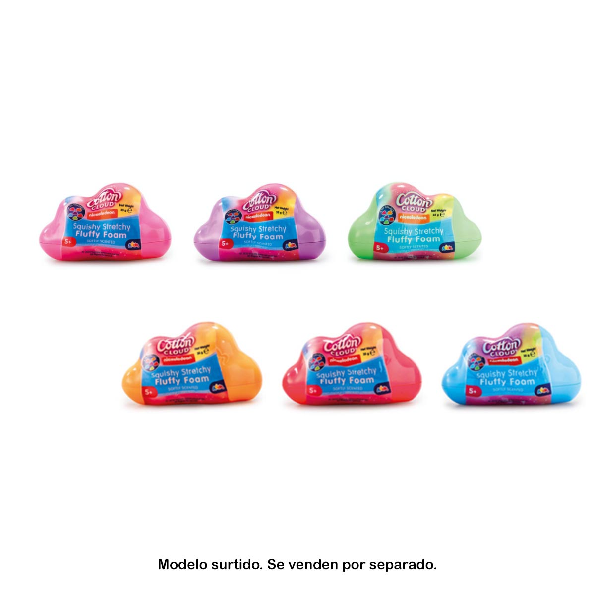 Colorful packs of Nickelodeon Cotton Cloud Fluffy Foam Craft Set in pink, purple, blue, green, orange, and yellow, featuring a soft, stretchy foam material for creative projects.
