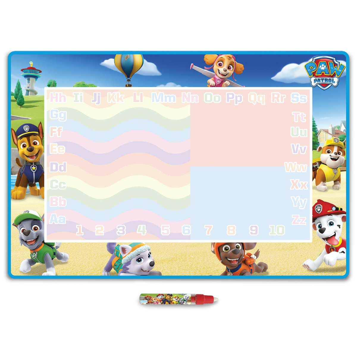 Colorful Paw Patrol Aqua Playmat featuring characters like Chase and Skye, with a water-activated drawing area and alphabet grid, bordered by a blue frame. Includes a marker.