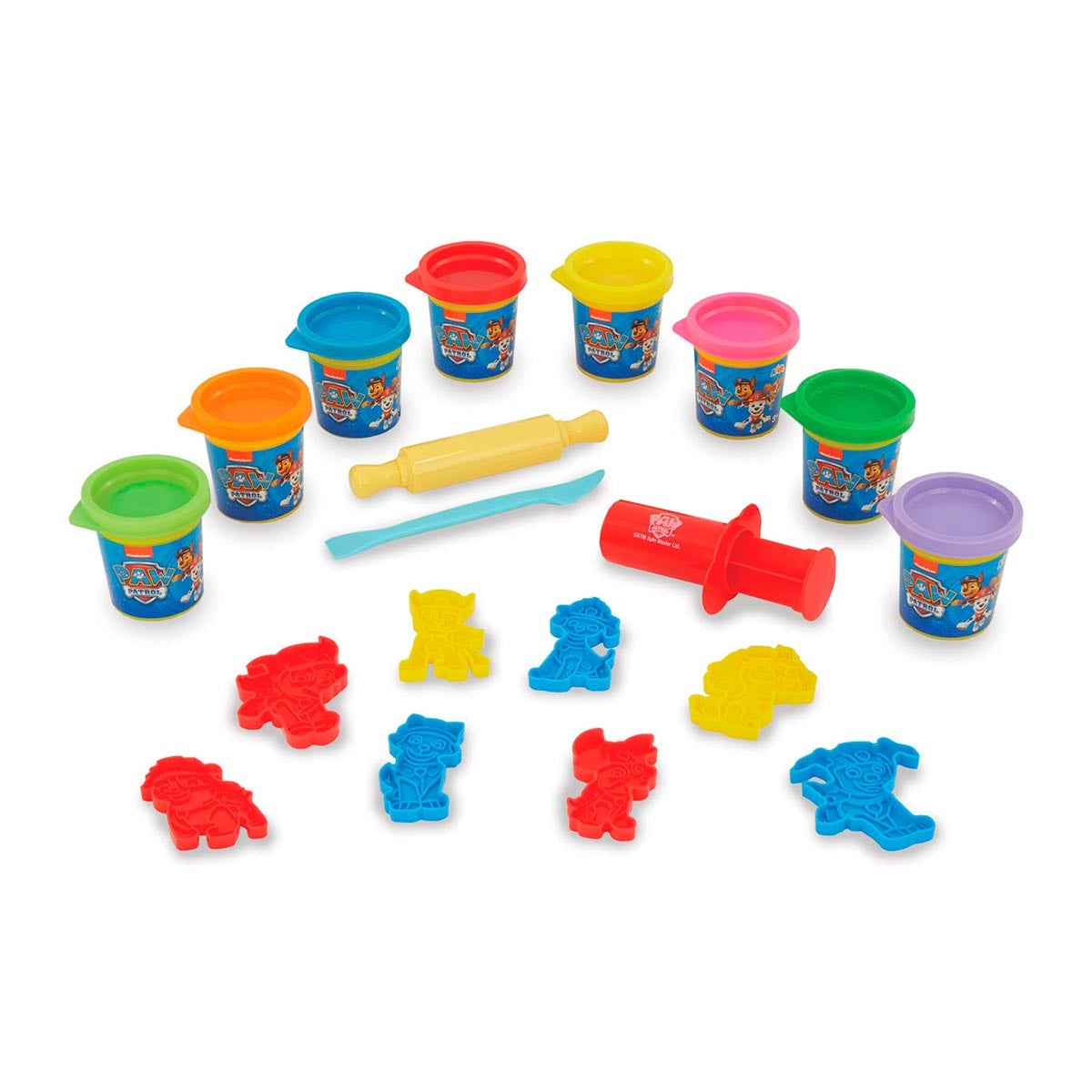Colorful dough playset featuring multiple tubs of play dough in vibrant colors, character molds, a rolling pin, and a dough cutter, all themed around Nickelodeon's Paw Patrol.