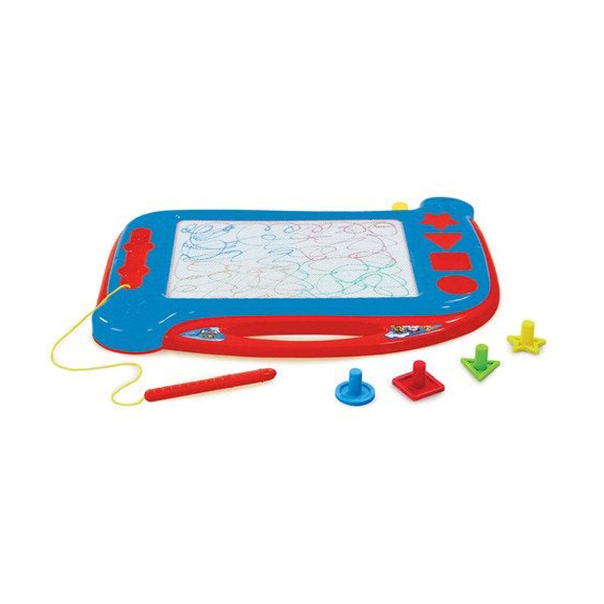 Bright red and blue drawing board featuring a white doodle surface, with colorful star and triangle stamps, a stylus, and a pull string for easy erasing.