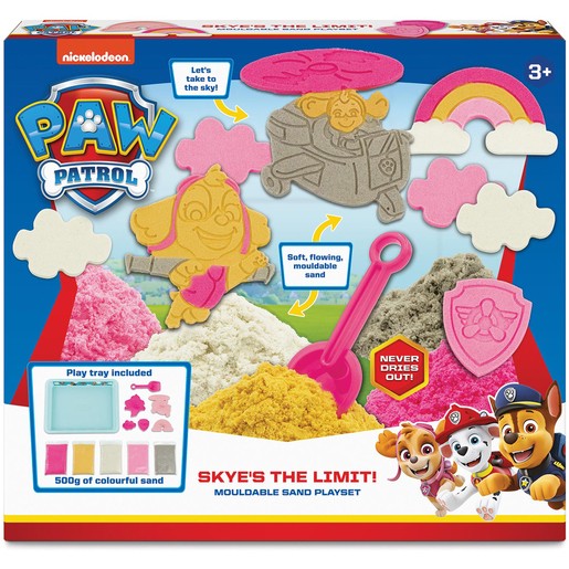 Colorful playset featuring soft, mouldable sand in various shades, a pink shovel, and Paw Patrol-themed shapes, including a plane and clouds, in a vibrant box design.