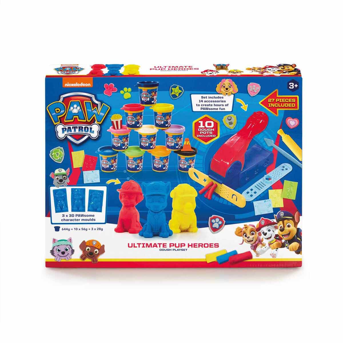 Colorful box featuring the Nickelodeon Paw Patrol Ultimate Pup Heroes Dough Playset, showcasing 10 dough containers, character molds, and various play tools in vibrant colors.