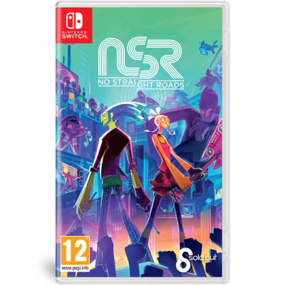 Nintendo Switch game case for "No Straight Roads" featuring vibrant artwork of two characters in a colorful cityscape, with the game's title prominently displayed at the top.
