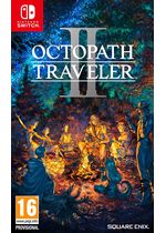 Octopath Traveler 2 for Switch features a vibrant cover with a colorful, illustrated scene of characters gathered around a campfire in a mystical forest setting.
