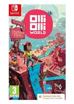 Colorful video game cover featuring "Olli Olli World" title, showcasing vibrant landscapes, characters, and a skateboarder on a blue ramp, designed for Nintendo Switch.