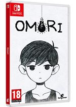 Cover art for "Omori" on Nintendo Switch features a black and white illustration of a boy with dark hair, under a hanging light bulb, with a red border and an age rating of 18.