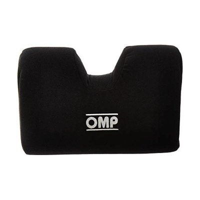Black OMP leg support cushion with a contoured design, featuring a soft fabric cover and an embroidered OMP logo on the front.