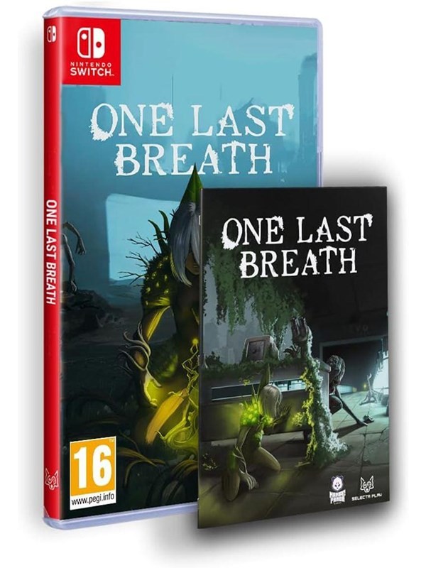Nintendo Switch game "One Last Breath" by NUMSKULL, featuring a vibrant blue cover with a character, accompanied by a booklet showcasing eerie artwork and green accents.