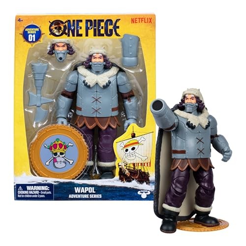 Wapol action figure from One Piece, featuring a gray coat, purple pants, and a white fur collar, holding a cannon arm, with a circular base displaying a character emblem.