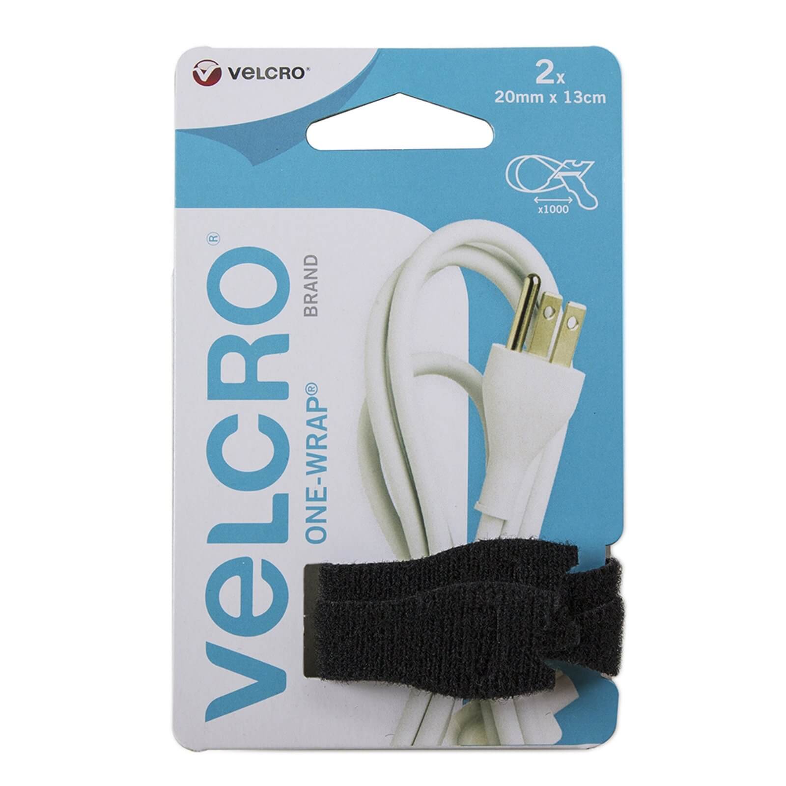Black Velcro One-wrap ties, measuring 13cm x 20mm, packaged with a light blue backing, designed for organizing cables and cords.