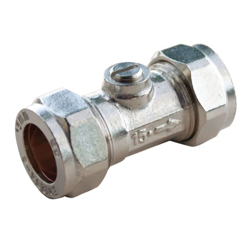 Chrome isolating valve with a 15mm diameter, featuring hexagonal ends and a central valve screw for easy operation, designed for plumbing applications.