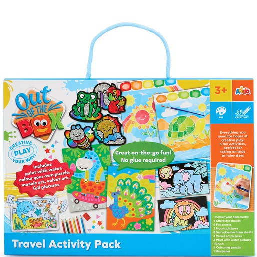 Colorful travel activity pack featuring various craft materials, including stickers, coloring sheets, and mosaic art, designed for children aged 3 and up, with a light blue handle.