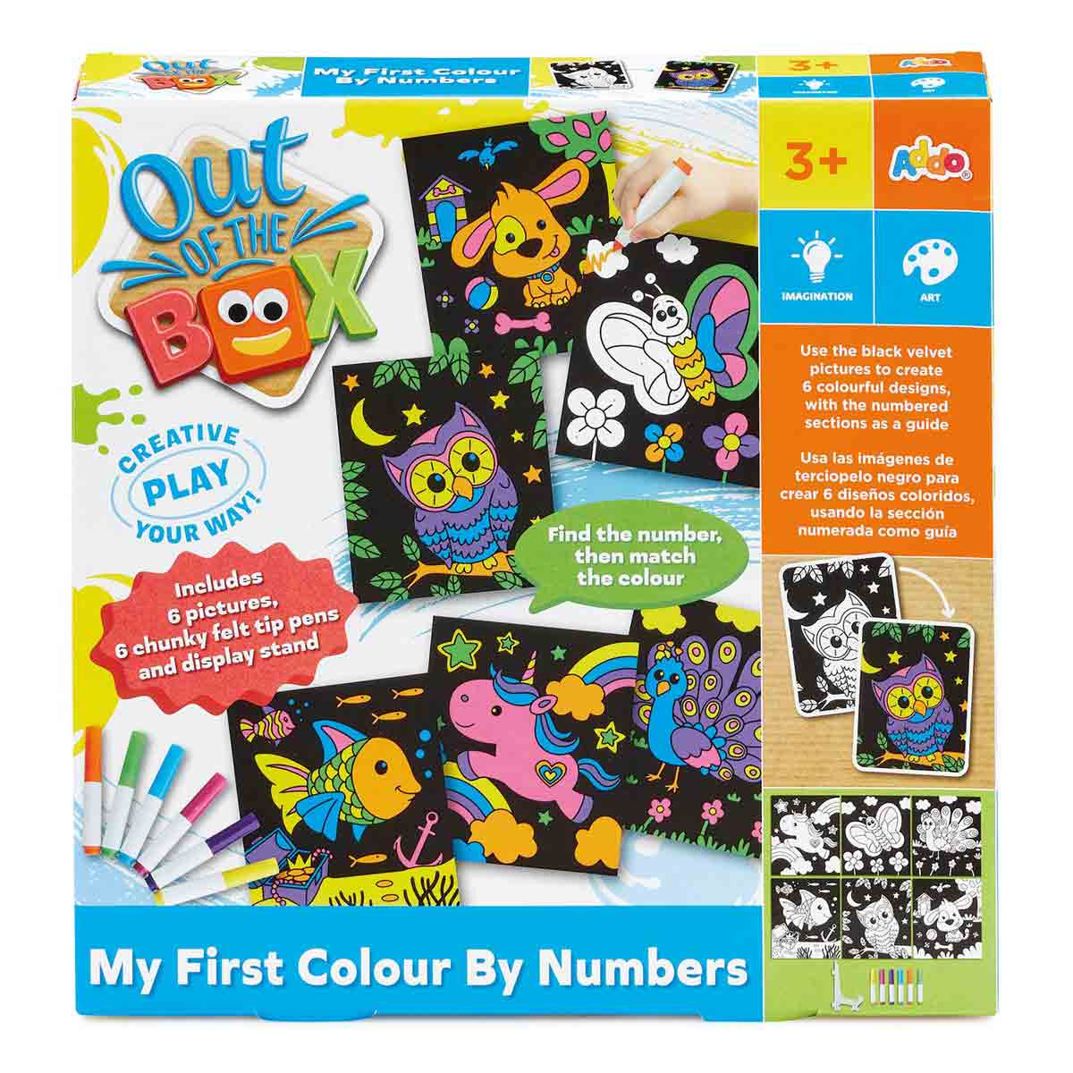 Colour by Numbers Craft Set featuring six black velvet pictures, chunky felt-tip pens, and a display stand, designed for children aged 3 and up, promoting creativity and imagination.