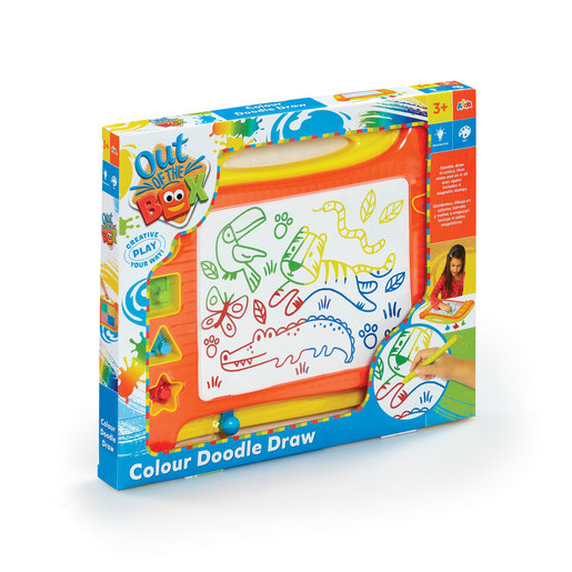 Colourful craft set featuring a drawing board with a white surface, orange frame, and various doodling tools; includes vibrant markers and stencils for creative play.