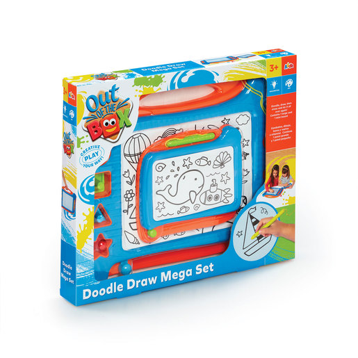 Brightly colored packaging featuring a blue and orange drawing board, doodle accessories, and playful illustrations, designed for creative kids aged 3 and up.