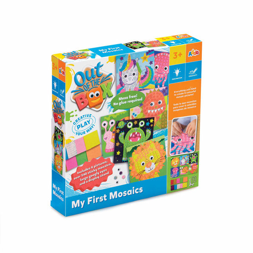 Colorful craft set box featuring "Out of the Box My First Mosaics" by Addo Toys, showcasing vibrant mosaic pieces, animal designs, and a mess-free, glue-free play feature.