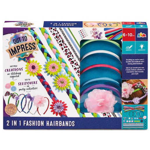 Colorful craft set featuring various hairbands, including floral and patterned designs, with blue and pink elements, suitable for ages 6-10, emphasizing creativity and no stitching required.