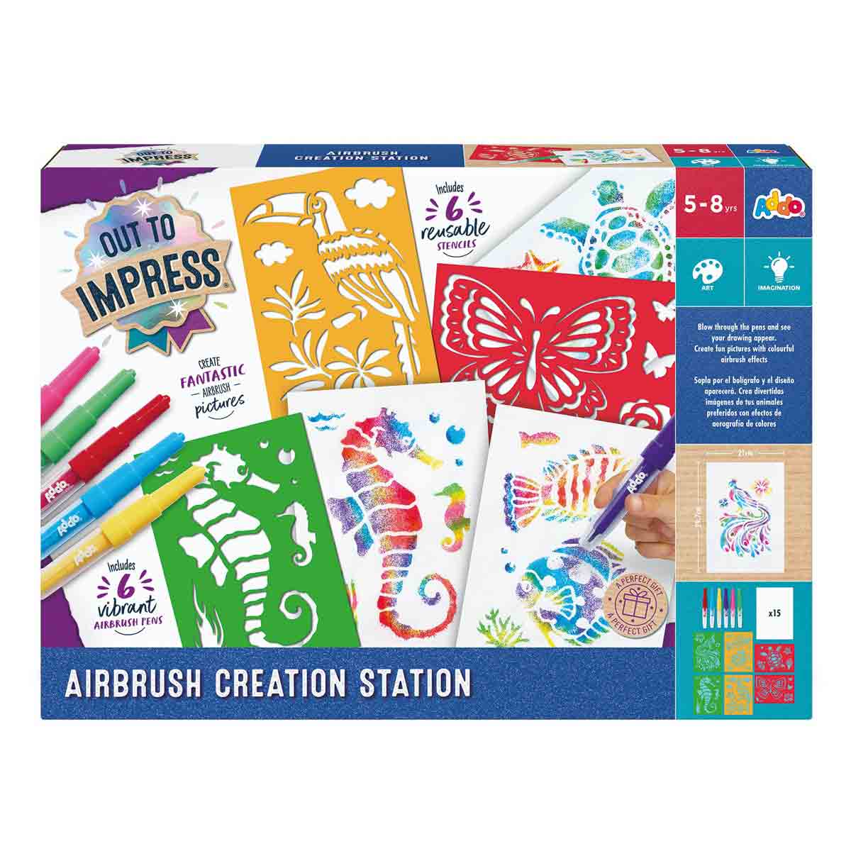 Colorful box featuring the "Out to Impress Airbrush Creation Station" by Addo Toys, showcasing vibrant markers, reusable stencils, and sample designs of seahorses and butterflies.