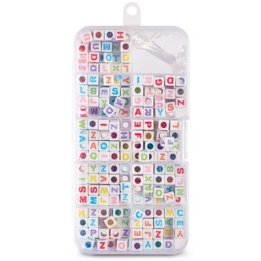 Clear plastic case filled with colorful alphabet beads in various shapes and sizes, featuring letters, numbers, and decorative designs for crafting.