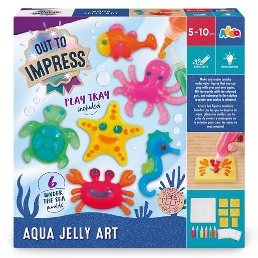 Colorful Aqua Jelly Art Craft Set featuring six under-the-sea molds, including a crab, octopus, fish, and starfish, with a play tray and crafting tools included.
