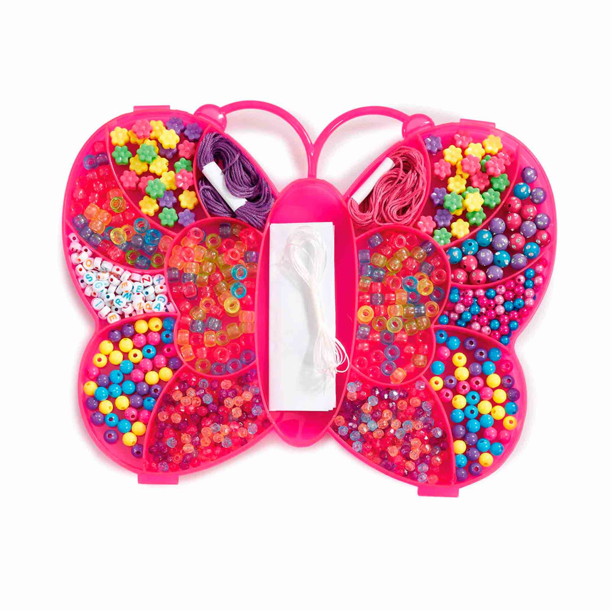 Bright pink butterfly-shaped case filled with colorful beads, flower-shaped beads, and strings for crafting, featuring compartments for organized storage.