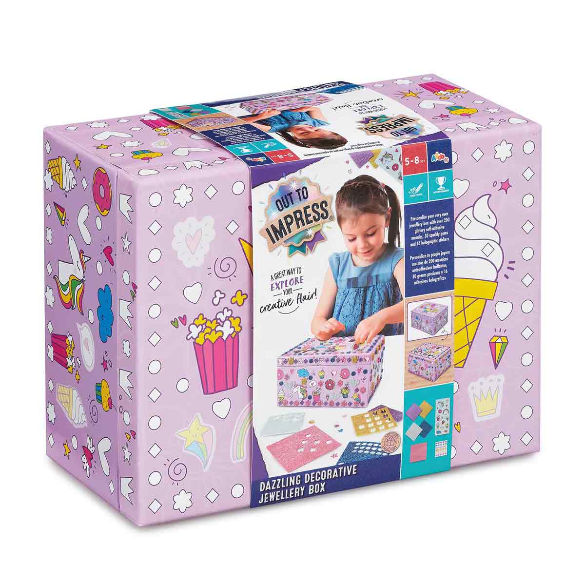 Purple decorative box set with colorful patterns, including ice cream cones and popcorn, featuring a child crafting a jewellery box, suitable for ages 5-8.