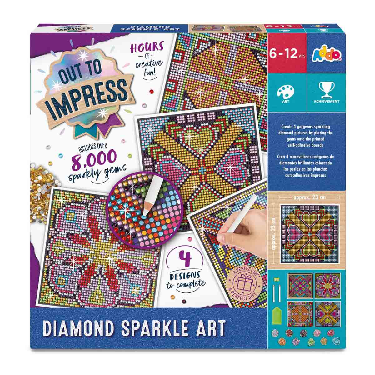 Colorful craft set featuring "Out to Impress" branding, includes over 8,000 sparkly gems and four design templates for creating diamond art, suitable for ages 6-12.