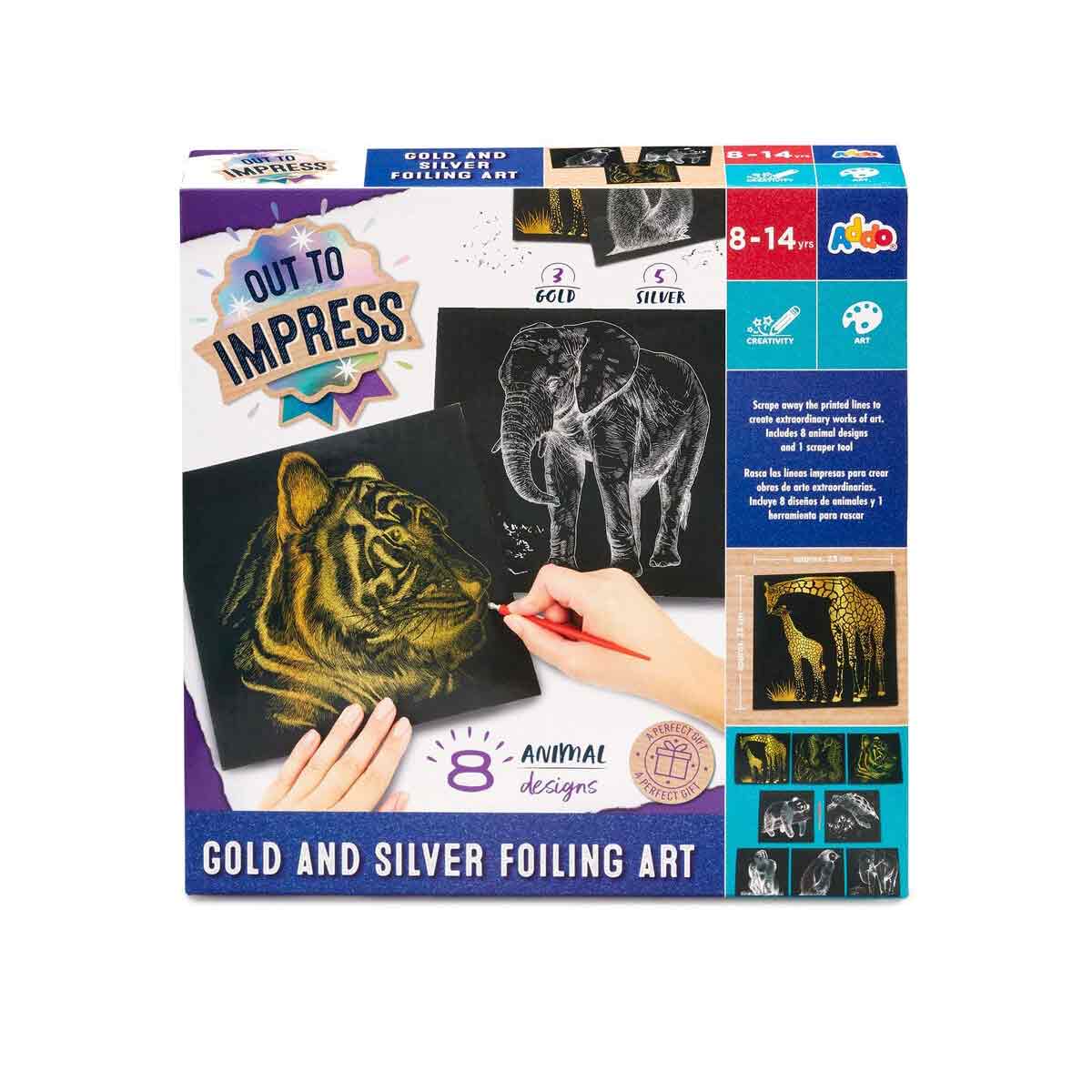 Gold and silver foiling art craft set featuring eight animal designs, including a tiger and an elephant, with a colorful box showcasing the crafting process and materials.