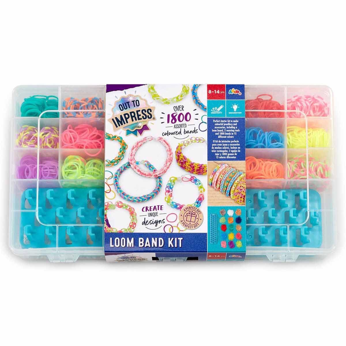 Colorful loom bands in various shades, including pink, purple, blue, and orange, arranged in a clear plastic storage box with clips and design ideas for crafting.