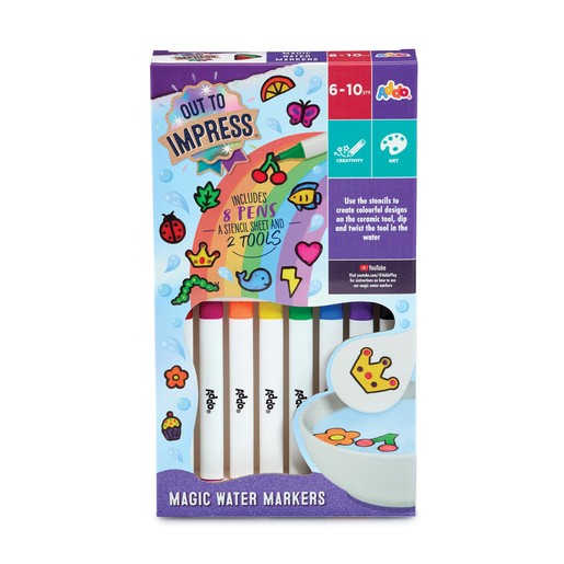 Colorful "Out to Impress Magic Water Markers Craft Set" featuring 8 pens, a stencil sheet, and 2 tools, all in a vibrant packaging with playful designs and a water bowl.