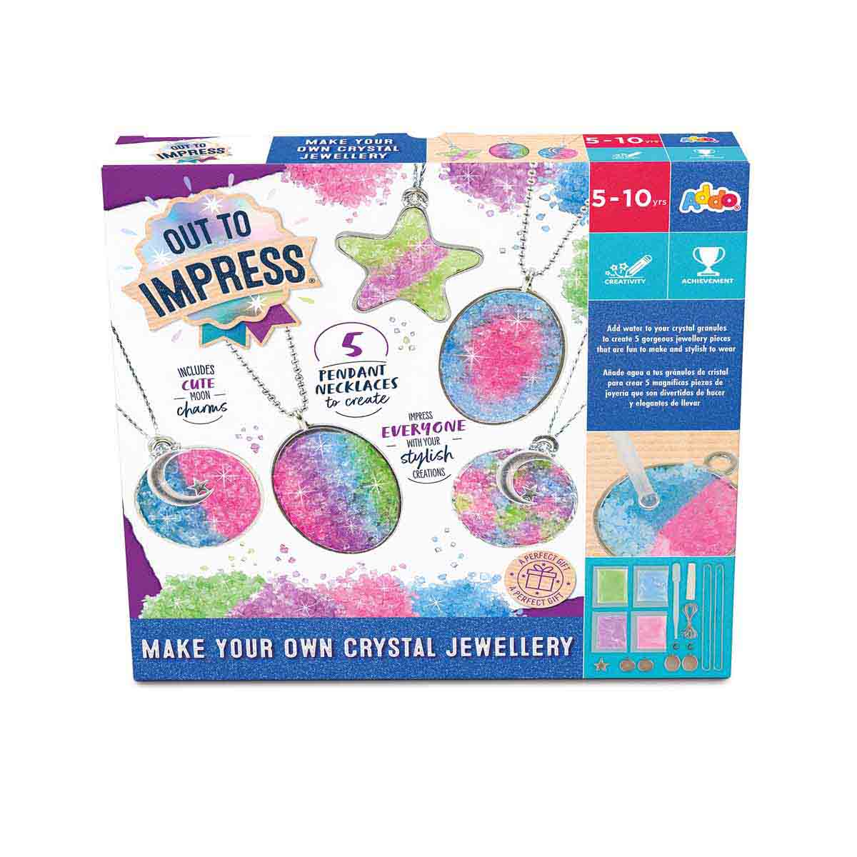 Craft set box featuring "Out to Impress" title, colorful crystal jewellery designs, five pendant necklaces, and included charms in vibrant pink, blue, and green hues.