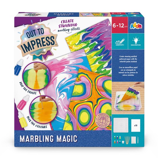 Colorful craft set featuring marbling paints in vibrant hues, tools for creating designs, and a box showcasing various marbled patterns, suitable for ages 6-12.