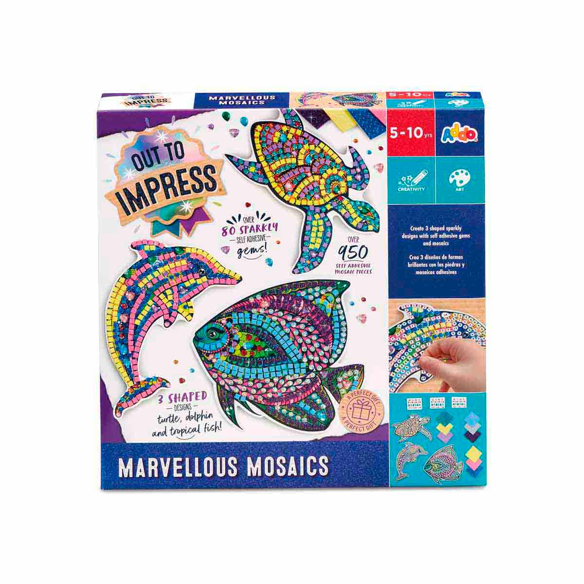 Colorful craft set featuring mosaic pieces to create turtle, dolphin, and tropical fish designs, with over 950 sparkly tiles in various shapes and colors. Suitable for ages 5-10.