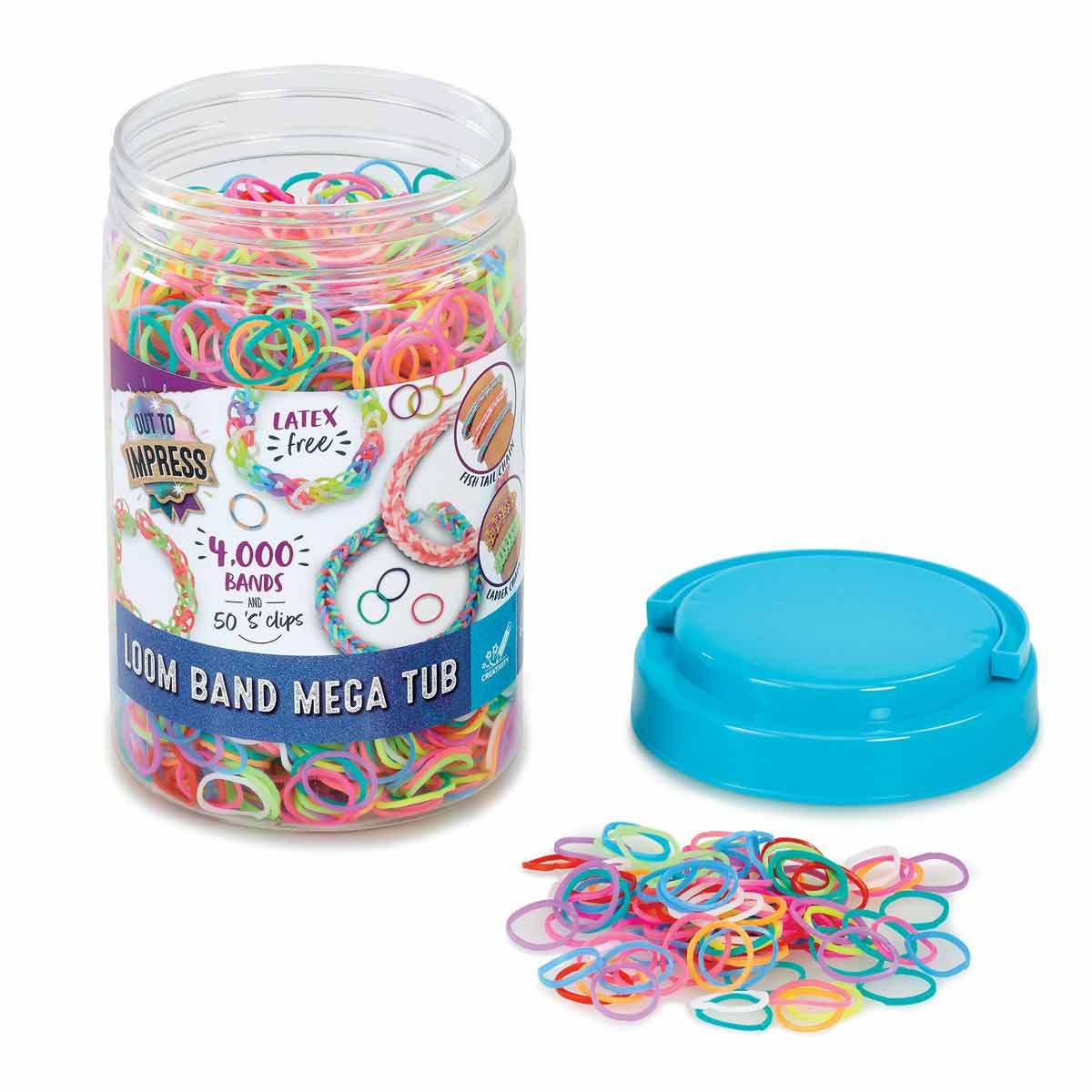 Colorful tub filled with 4,000 latex-free loom bands in various pastel shades, along with 50 clips, featuring a blue lid and a clear container showcasing the vibrant contents.