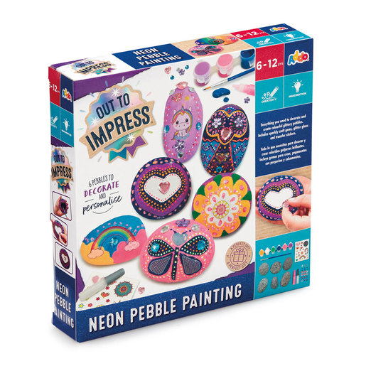 Colorful box featuring the "Out to Impress Neon Pebble Paint Craft Set" by Addo Toys, showcasing decorated pebbles, paint pots, and vibrant designs for creative crafting.