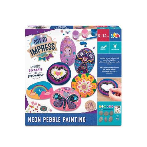 Colorful craft set featuring neon-painted pebbles, decorative stickers, and painting tools, designed for children aged 6-12 to create unique art pieces.