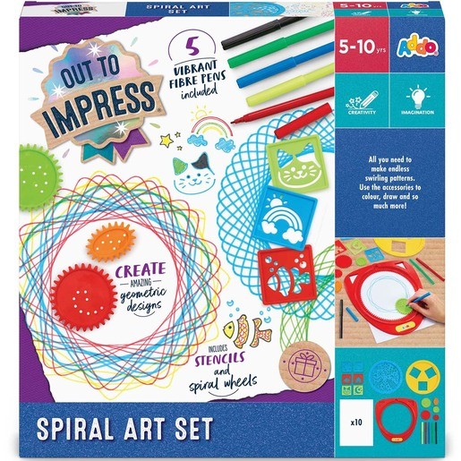 Colorful "Out to Impress Spiral Art Craft Set" by Addo Toys featuring vibrant fiber pens, stencils, spiral wheels, and a design board for creating geometric patterns.