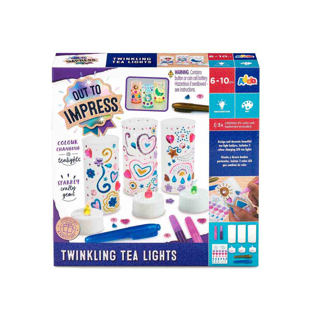 Colorful craft set featuring three clear tea light holders, markers, and decorative stickers for customizing, packaged in a vibrant box with a playful design.