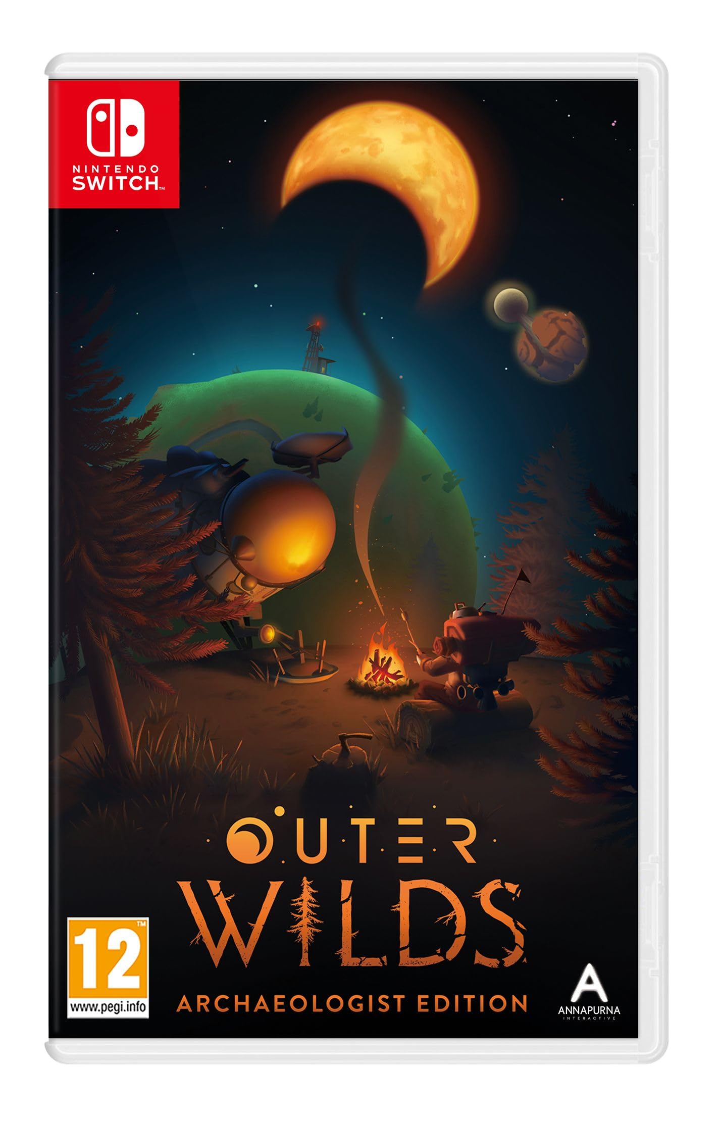Outer Wilds: Archaeologist Edition for Nintendo Switch features vibrant artwork with a campfire scene, a planet, and a crescent moon, all set against a dark blue background.