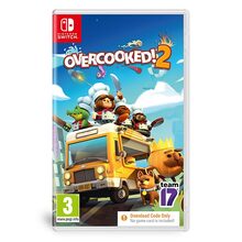 Overcooked! 2 download code box for Nintendo Switch features colorful cartoon chefs, a food truck, and vibrant graphics, highlighting cooperative cooking gameplay.