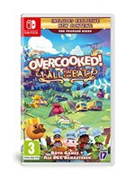 Nintendo Switch game case for "Overcooked! All You Can Eat," featuring vibrant artwork with chefs, colorful landscapes, and the game's title in bold, playful font.