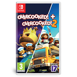 Nintendo Switch game case featuring "Overcooked! & Overcooked! 2," with vibrant orange and blue artwork, cartoon chefs, and a food truck, all set against a colorful background.