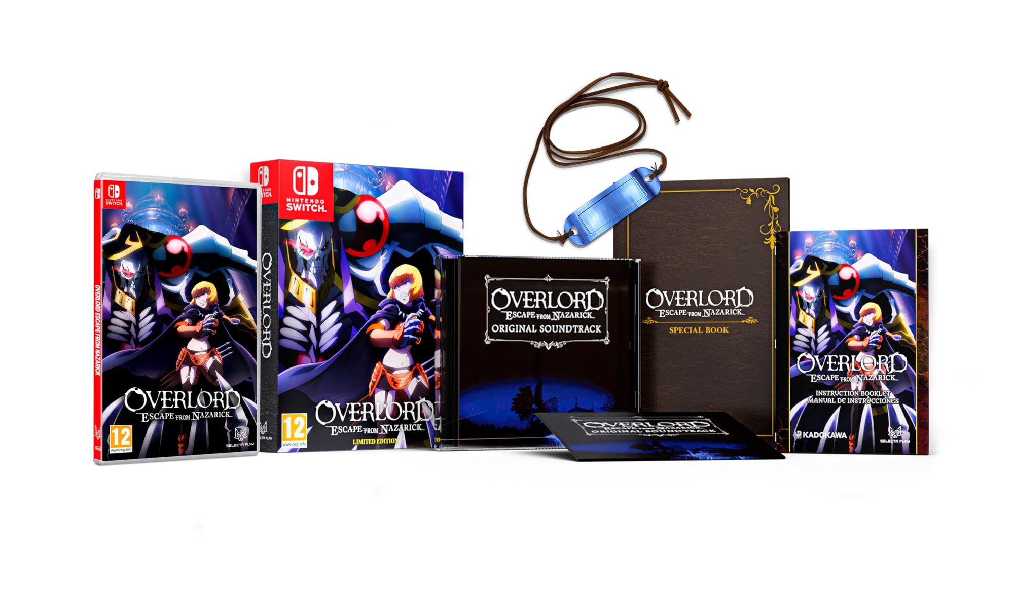 Limited Edition "Overlord: Escape from Nazarick" for Switch by NUMSKULL, featuring a colorful game case, soundtrack CD, art book, and collectible items in a sleek design.