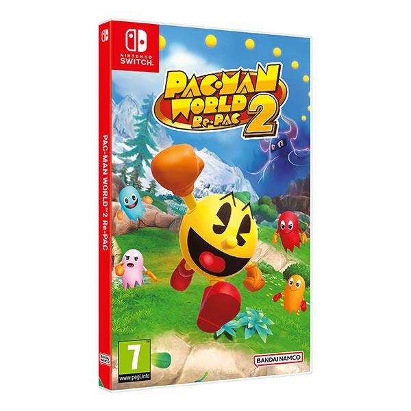 Pac-Man World 2 Re-Pac for Nintendo Switch features a vibrant cover with Pac-Man in a colorful landscape, surrounded by ghosts and bright, cheerful graphics.