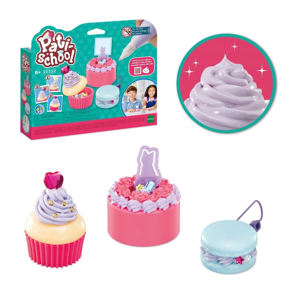 Lavender and pastel craft set featuring cupcake and macaron molds, decorative accessories, and a colorful packaging with playful designs, suitable for ages 6 and up.