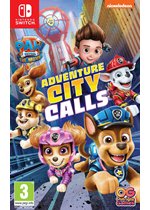 Colorful video game cover featuring characters from PAW Patrol, including Chase, Marshall, and Skye, with a city skyline background and the title "Adventure City Calls" prominently displayed.