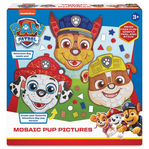 Colorful Paw Patrol Mosaic Pup Pictures Craft Set featuring three character templates, colorful foam pieces, and a green background, designed for creative fun.